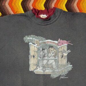 XL Vtg Morning Sun Sweatshirt Dog Cat Birds Winter Double Collar Gray h177